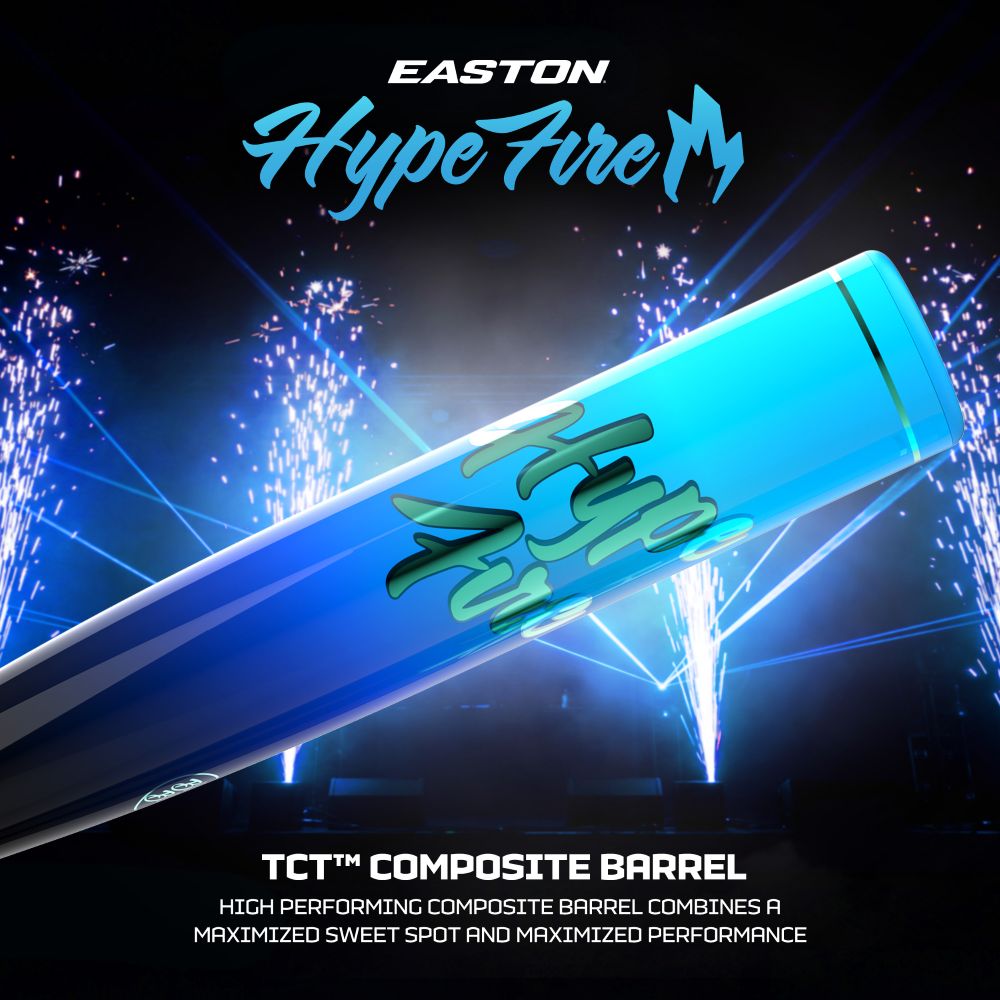 The 2027 Easton Hype Fire (-3) BBCOR Baseball Bat (EBB7HYP3) by Easton, shown in bold blue and teal in front of fireworks, is highlighted for its advanced TCT Barrel and performance-driven composite construction.