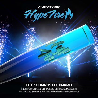The 2027 Easton Hype Fire (-3) BBCOR Baseball Bat (EBB7HYP3) by Easton, shown in bold blue and teal in front of fireworks, is highlighted for its advanced TCT Barrel and performance-driven composite construction.