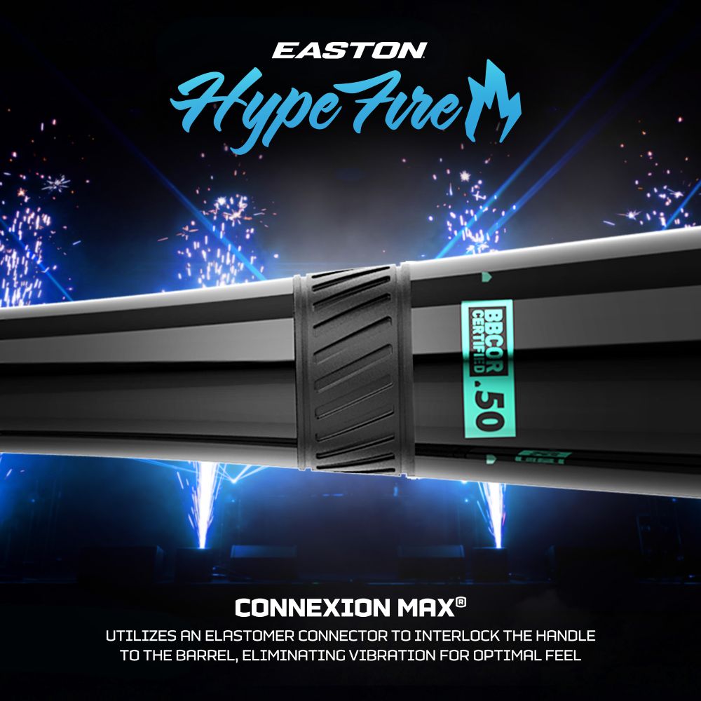 Showcasing the 2027 Easton Hype Fire (-3) BBCOR Baseball Bat: EBB7HYP3, this black Easton bat is BBCOR .50 certified and features Connexion Max technology to minimize vibration for optimal feel. With advanced TCT Barrel construction for outstanding performance, it stands out against a backdrop of fireworks and blue lighting.