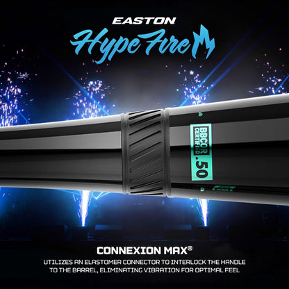 Showcasing the 2027 Easton Hype Fire (-3) BBCOR Baseball Bat: EBB7HYP3, this black Easton bat is BBCOR .50 certified and features Connexion Max technology to minimize vibration for optimal feel. With advanced TCT Barrel construction for outstanding performance, it stands out against a backdrop of fireworks and blue lighting.