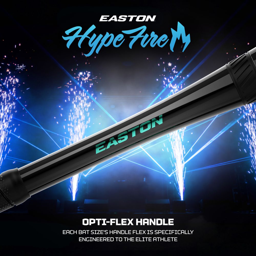 A 2027 Easton Hype Fire (-3) BBCOR Baseball Bat (EBB7HYP3) by Easton is displayed in black, surrounded by blue light effects and fireworks. The image highlights the bat’s Opti-Flex handle, advanced TCT Barrel technology, and its engineering geared for elite athletes.