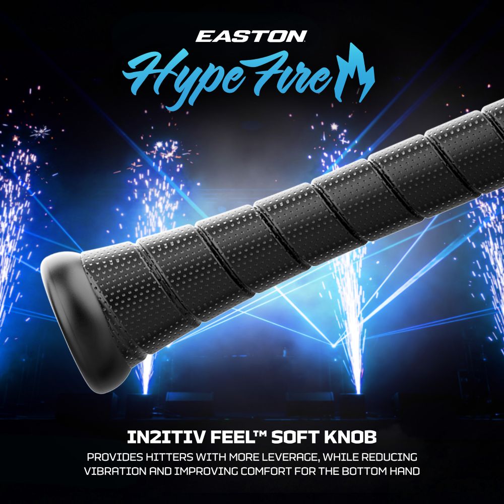 Close-up of the black composite grip on the 2027 Easton Hype Fire (-3) BBCOR Baseball Bat (EBB7HYP3) by Easton, highlighted with “Hype Fire BBCOR” text and blue fireworks in the background. The IN2ITIV FEEL soft knob enhances comfort and reduces vibration for hitters, while Easton’s innovative TCT Barrel construction makes this bat a top pick for serious players.