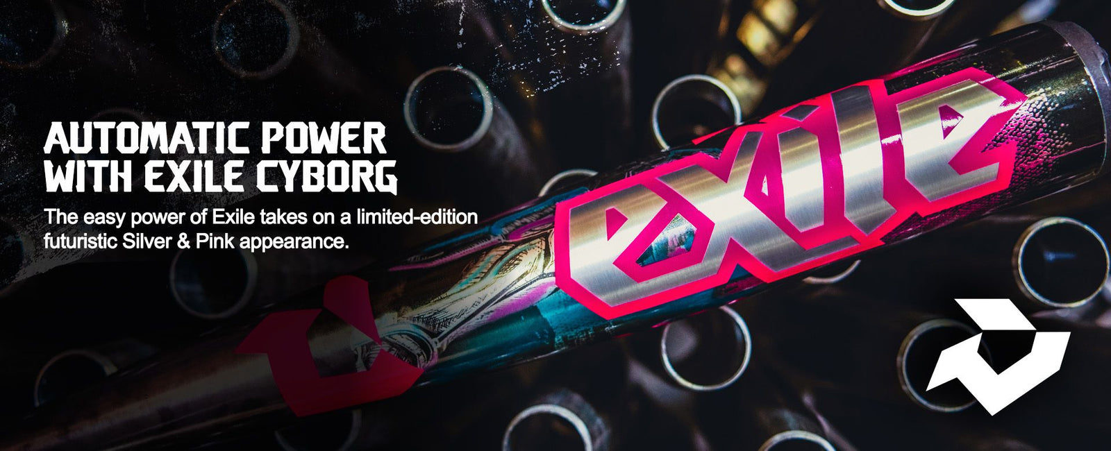 A close-up of a metallic bat labeled “exile” in bold silver and pink lettering, surrounded by stacked black bats. Text reads: “Automatic Power With Exile Cyborg. The easy power of Exile takes on a limited-edition futuristic Silver & Pink appearance.”.