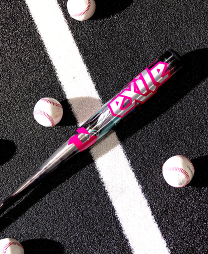 The 2026 DeMarini Exile Cyborg (-3) BBCOR Baseball Bat (WBD2654010), featuring bold pink and white lettering, rests on a black surface with five baseballs, showcasing its powerful X14 Alloy Barrel.