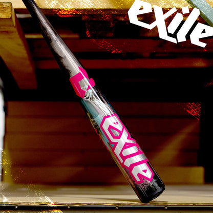 The 2026 DeMarini Exile Cyborg (-3) BBCOR Baseball Bat (WBD2654010) stands out with bold pink and white "exile" text on black, its striking presence enhanced by a gritty urban backdrop and a stylized exile graphic in the corner.