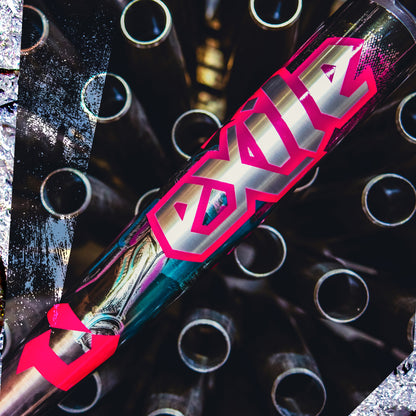 A close-up of a metallic tube reading “EXILE” in bold pink and gray, with surrounding cylinders, highlights the advanced X14 Alloy Barrel on the 2026 DeMarini Exile Cyborg (-3) BBCOR Baseball Bat: WBD2654010 by DeMarini.