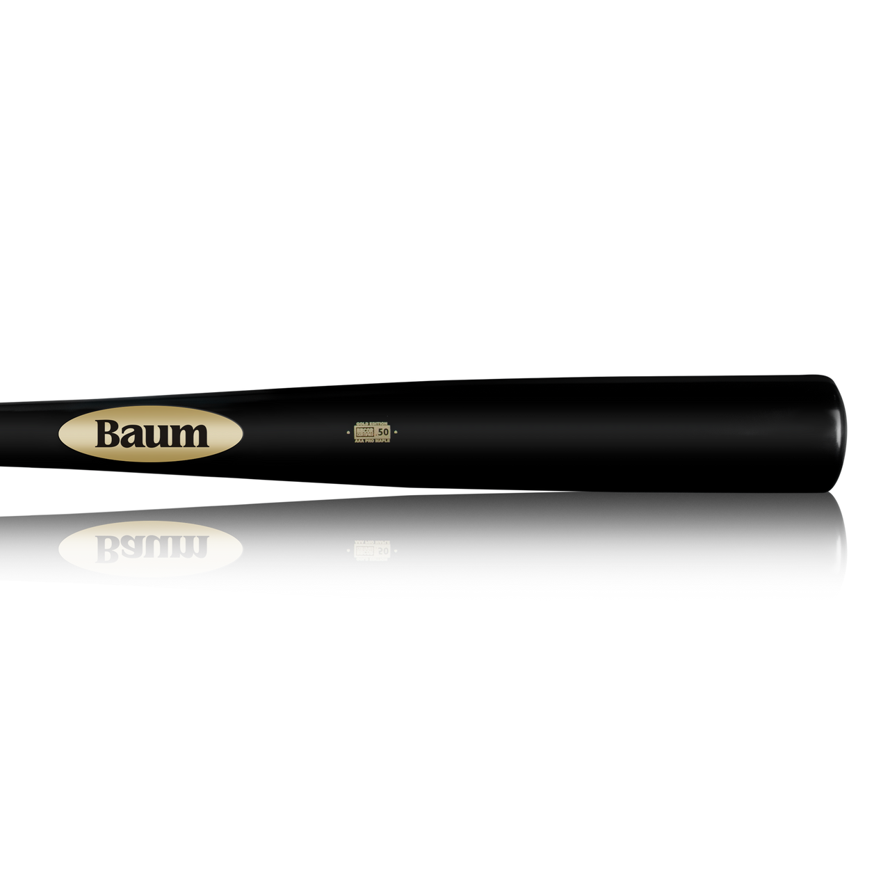 A Baum Gold Stock AAA Pro Balanced Composite Wood Bat: BBM in black is displayed horizontally on a white background, with the Baum logo visible near the handle. Handcrafted in the USA, its surface creates a reflective effect below, showcasing the bat's elite performance design.