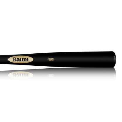 A Baum Gold Stock AAA Pro Balanced Composite Wood Bat: BBM in black is displayed horizontally on a white background, with the Baum logo visible near the handle. Handcrafted in the USA, its surface creates a reflective effect below, showcasing the bat's elite performance design.