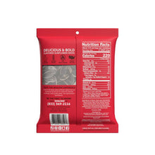 Back of a Smackin' Sunflower Seeds - 4oz red package displaying nutrition facts, sunflower seed graphics, "Delicious & Bold" slogan, contact number, and Smackin' Sunflower Seeds' feature icons lined up at the bottom.