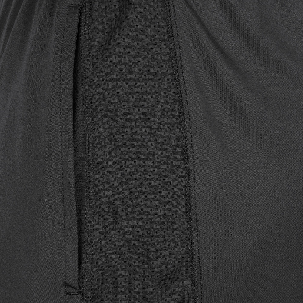 Close-up of DSG Apparel’s NSA Softball Limitless Women's Shorts in black, featuring a vertical mesh panel with small perforations for breathability, smooth stitching, and a left-side pocket—ideal for softball.