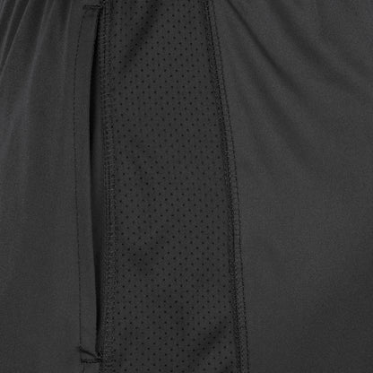 Close-up of DSG Apparel’s NSA Softball Limitless Women's Shorts in black, featuring a vertical mesh panel with small perforations for breathability, smooth stitching, and a left-side pocket—ideal for softball.