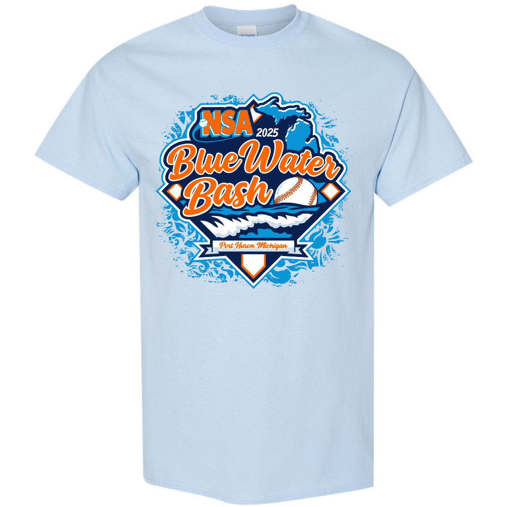 The 2025 NSA Blue Water Bash Fastpitch Tournament T-Shirt by DSG Apparel features a logo design, making it an ideal choice for both players and fans.