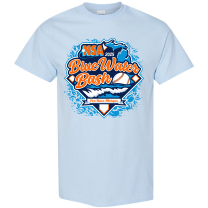 The 2025 NSA Blue Water Bash Fastpitch Tournament T-Shirt by DSG Apparel features a logo design, making it an ideal choice for both players and fans.