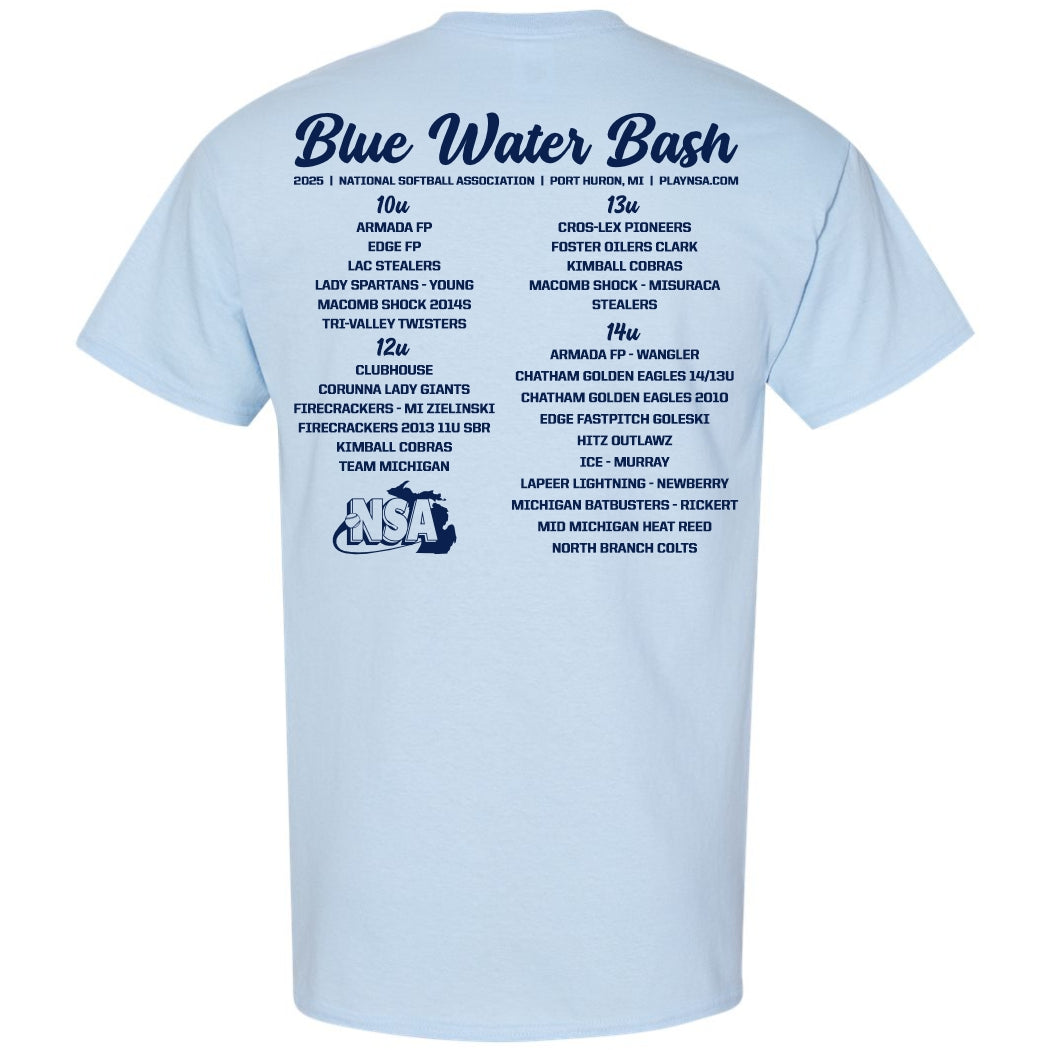 The 2025 NSA Blue Water Bash Fastpitch Tournament T-Shirt by DSG Apparel features event details, youth softball age groups (10u-14u), the NSA logo, and TEAM MICHIGAN on a light blue shirt—ideal for fans and players.