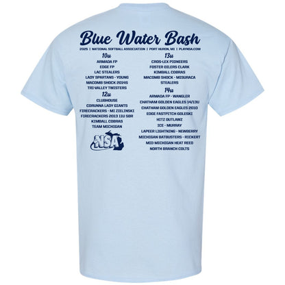 The 2025 NSA Blue Water Bash Fastpitch Tournament T-Shirt by DSG Apparel features event details, youth softball age groups (10u-14u), the NSA logo, and TEAM MICHIGAN on a light blue shirt—ideal for fans and players.