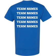 The 2026 NSA Blue Water Bash Fastpitch Tournament Shirt from DSG Apparel is shown from the back with TEAM NAMES printed five times in bold white letters. Ideal as a pre-order tournament shirt for your team!.