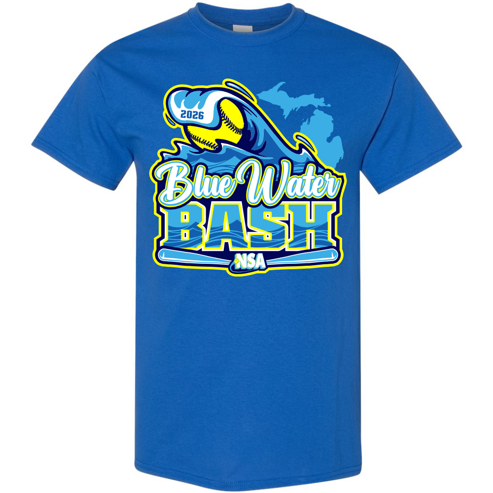 Show your support with the DSG Apparel 2026 NSA Blue Water Bash Fastpitch Tournament Shirt, featuring a glove with "2026", Michigan state outline, and crossed bats—a perfect pre-order for fans and players!.