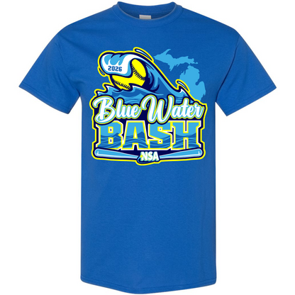 Show your support with the DSG Apparel 2026 NSA Blue Water Bash Fastpitch Tournament Shirt, featuring a glove with "2026", Michigan state outline, and crossed bats—a perfect pre-order for fans and players!.