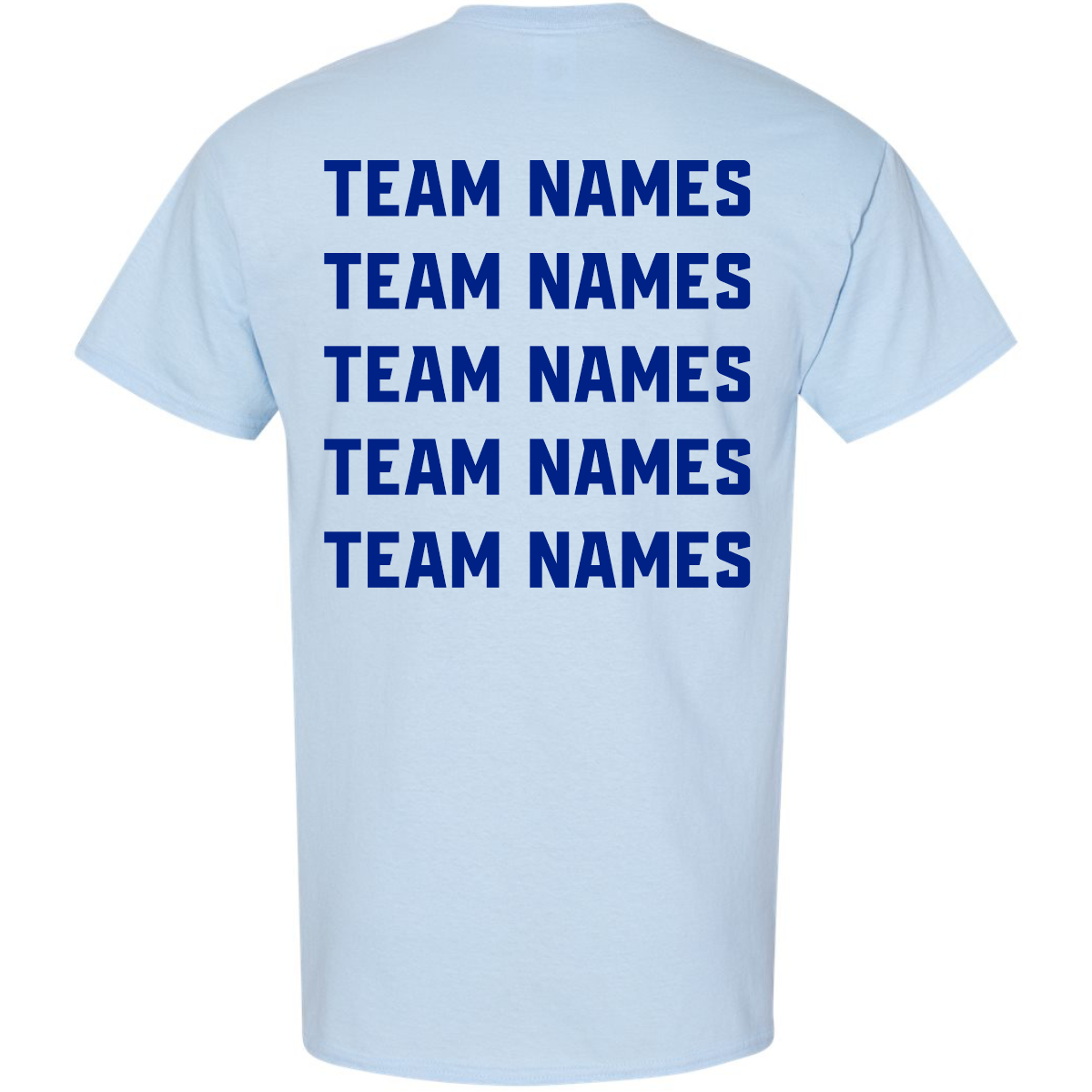 Light blue short-sleeved 2027 NSA Blue Water Bash Fastpitch Tournament Shirt with five rows of dark blue team names printed on the back.