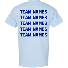 Light blue short-sleeved 2027 NSA Blue Water Bash Fastpitch Tournament Shirt with five rows of dark blue team names printed on the back.