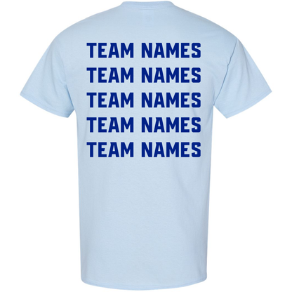 Light blue short-sleeved 2027 NSA Blue Water Bash Fastpitch Tournament Shirt with five rows of dark blue team names printed on the back.