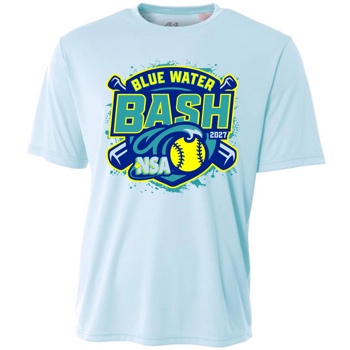 Light blue short-sleeve 2027 NSA Blue Water Bash Fastpitch Tournament Shirt featuring a graphic with a softball and crossed bats.