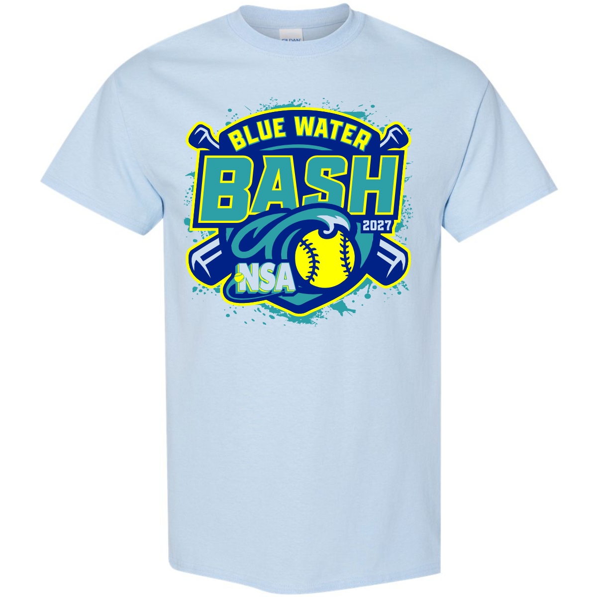 Light blue crew neck 2027 NSA Blue Water Bash Fastpitch Tournament Shirt featuring a logo with two crossed bats, a softball, and text that reads Blue Water Bash 2027 NSA.