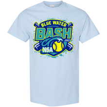 Light blue crew neck 2027 NSA Blue Water Bash Fastpitch Tournament Shirt featuring a logo with two crossed bats, a softball, and text that reads Blue Water Bash 2027 NSA.