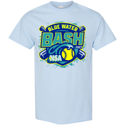 Light blue crew neck 2027 NSA Blue Water Bash Fastpitch Tournament Shirt featuring a logo with two crossed bats, a softball, and text that reads Blue Water Bash 2027 NSA.