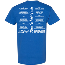 The back of the DSG Apparel 2026 NSA Blue Water Bash Fastpitch Tournament Shirt lists youth teams by age group and division for the Port Huron event. USA Softball logos appear at the bottom. Pre-order now to secure your keepsake!.