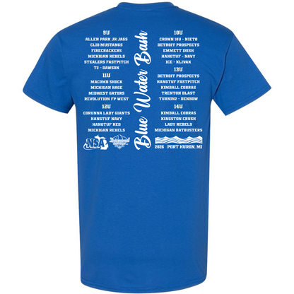 The back of the DSG Apparel 2026 NSA Blue Water Bash Fastpitch Tournament Shirt lists youth teams by age group and division for the Port Huron event. USA Softball logos appear at the bottom. Pre-order now to secure your keepsake!.