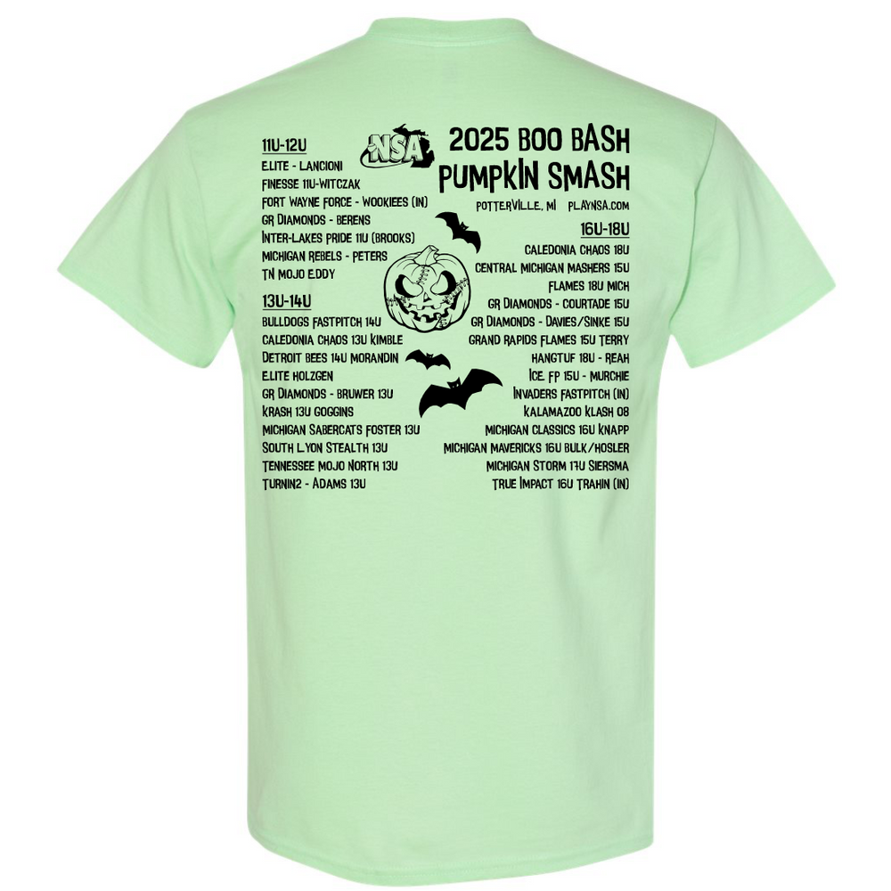 The 2025 NSA Boo Bash Fastpitch Tournament T-Shirt by DSG Apparel is light green with black text and graphics on the back, featuring a pumpkin and bats, plus a list of teams and locations for the 2025 Pumpkin Smash.
