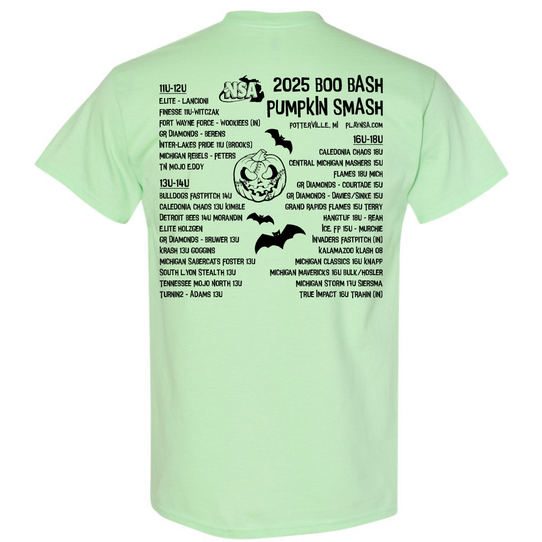 The 2025 NSA Boo Bash Fastpitch Tournament T-Shirt by DSG Apparel is light green with black text and graphics on the back, featuring a pumpkin and bats, plus a list of teams and locations for the 2025 Pumpkin Smash.