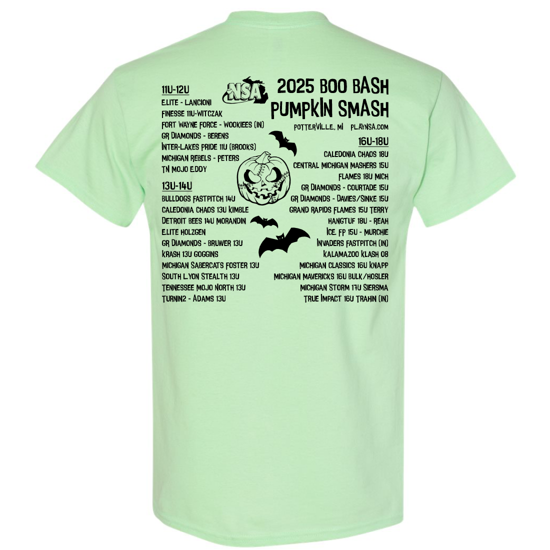 The 2025 NSA Boo Bash Fastpitch Tournament T-Shirt by DSG Apparel is light green with black text and graphics on the back, featuring a pumpkin and bats, plus a list of teams and locations for the 2025 Pumpkin Smash.
