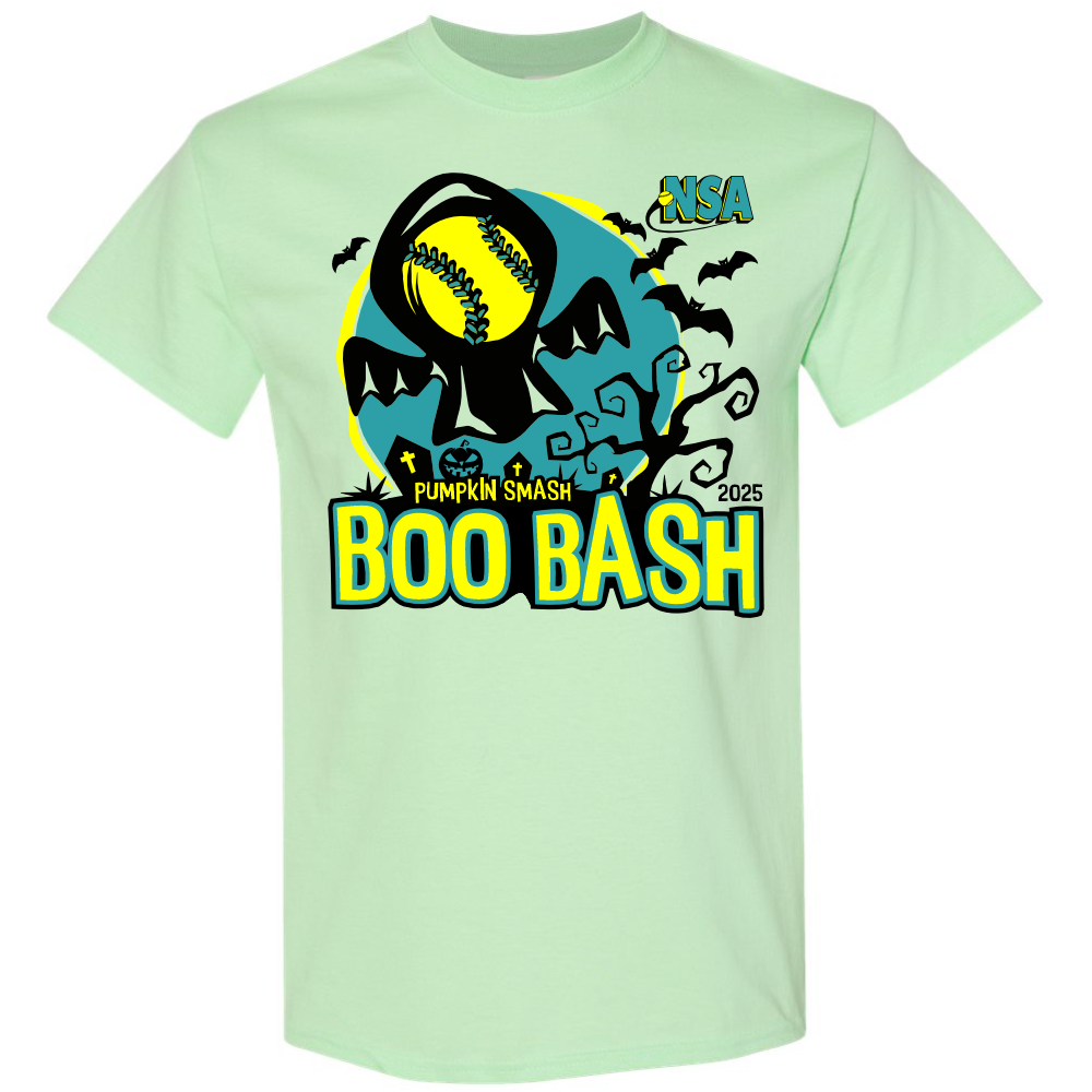 Show your style with the 2025 NSA Boo Bash Fastpitch Tournament T-Shirt by DSG Apparel—featuring a bold bat and skull design on mint green shirt.