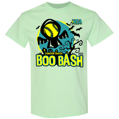 Show your style with the 2025 NSA Boo Bash Fastpitch Tournament T-Shirt by DSG Apparel—featuring a bold bat and skull design on mint green shirt.
