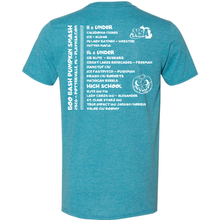 Teal short-sleeved 2026 NSA Boo Bash Pumkin Smash Fastpitch Tournament Shirt featuring white text listing age divisions, team names, and a pumpkin graphic on the back.