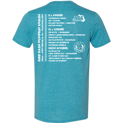 Teal short-sleeved 2026 NSA Boo Bash Pumkin Smash Fastpitch Tournament Shirt featuring white text listing age divisions, team names, and a pumpkin graphic on the back.