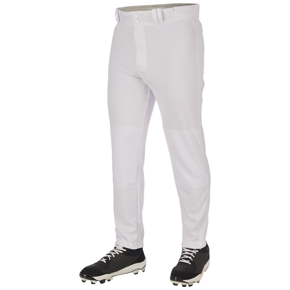 A person wears Champro Sports Youth Triple Crown 2.0 Tapered Baseball Pants (BP64Y) with a belt and black-and-white cleats, standing against a white background. The tapered design ensures a sleek fit; the upper body isn't visible.