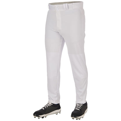 A person wears Champro Sports Youth Triple Crown 2.0 Tapered Baseball Pants (BP64Y) with a belt and black-and-white cleats, standing against a white background. The tapered design ensures a sleek fit; the upper body isn't visible.