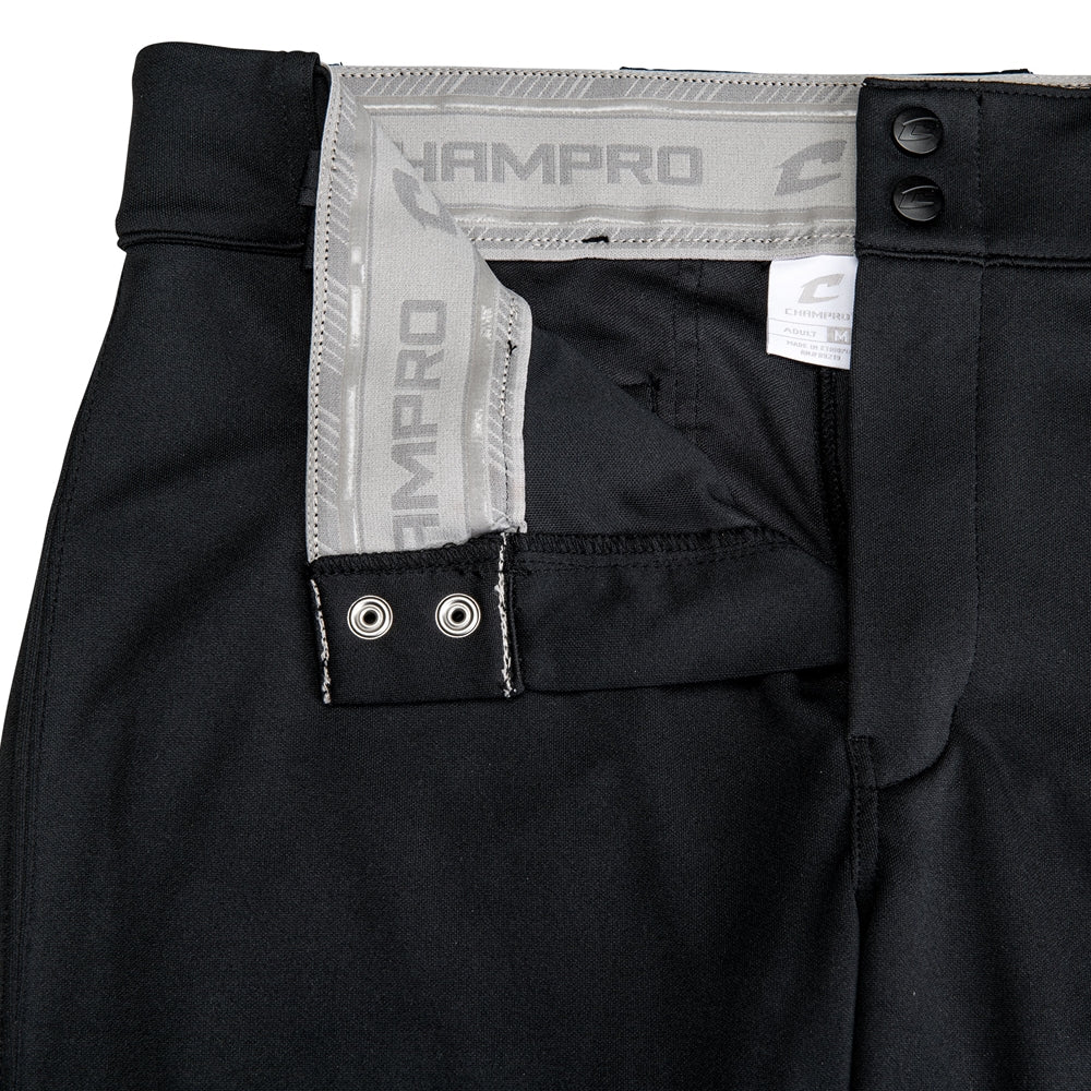 Close-up of the waistband and fly of Champro Sports Youth Triple Crown 2.0 Tapered Baseball Pants (BP64Y), featuring an interior gray Champro-branded waistband, two black buttons, and metal-reinforced grommets.