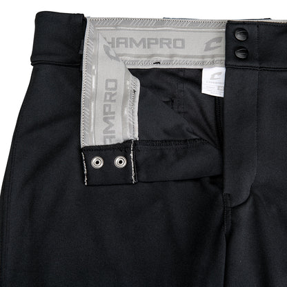 Close-up of the waistband and fly of Champro Sports Youth Triple Crown 2.0 Tapered Baseball Pants (BP64Y), featuring an interior gray Champro-branded waistband, two black buttons, and metal-reinforced grommets.