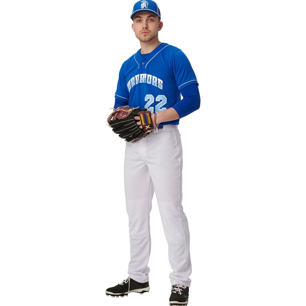 A baseball player in a blue Warriors jersey (#22), Champro Sports Youth Triple Crown 2.0 Tapered Baseball Pants (BP64Y), black cleats, and a blue cap stands holding a glove and looks at the camera against a white background.