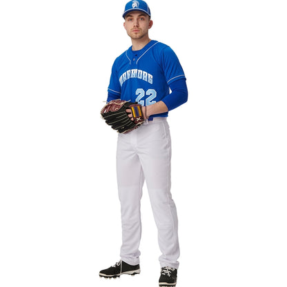 A baseball player in a blue Warriors jersey (#22), Champro Sports Youth Triple Crown 2.0 Tapered Baseball Pants (BP64Y), black cleats, and a blue cap stands holding a glove and looks at the camera against a white background.