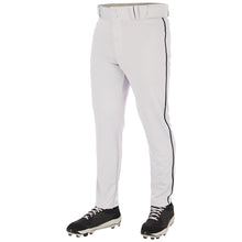 A person wears Champro Sports Adult Triple Crown 2.0 Tapered Baseball Pants with Piping (BP66), featuring pro-weight fabric and a thin black side stripe, paired with black cleats, shown from the waist down against a plain white background.