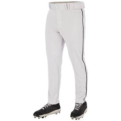A person wears Champro Sports Adult Triple Crown 2.0 Tapered Baseball Pants with Piping (BP66), featuring pro-weight fabric and a thin black side stripe, paired with black cleats, shown from the waist down against a plain white background.