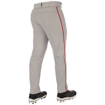 A person models Champro Sports Adult Triple Crown 2.0 Tapered Baseball Pants with red piping in light gray, paired with black cleats and shown from the back. The pro-weight BP66 fabric ensures durability, ideal for every game.