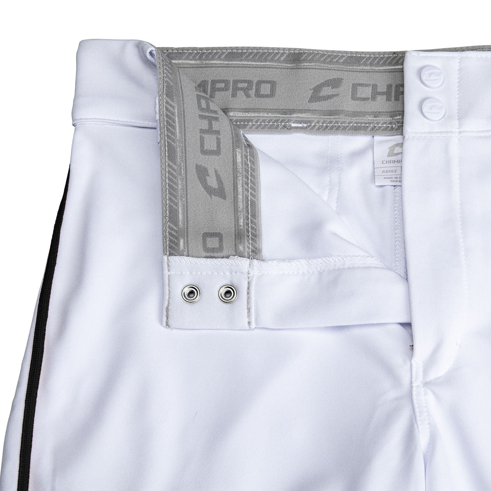 Close-up of the waistband and upper section of Champro Sports Triple Crown 2.0 Tapered Baseball Pants with Piping (BP66), showing gray CHAMPRO elastic inner band, belt loops, metal grommets, and a partially open zipper on pro-weight fabric.