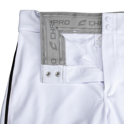 Close-up of the waistband and upper section of Champro Sports Triple Crown 2.0 Tapered Baseball Pants with Piping (BP66), showing gray CHAMPRO elastic inner band, belt loops, metal grommets, and a partially open zipper on pro-weight fabric.
