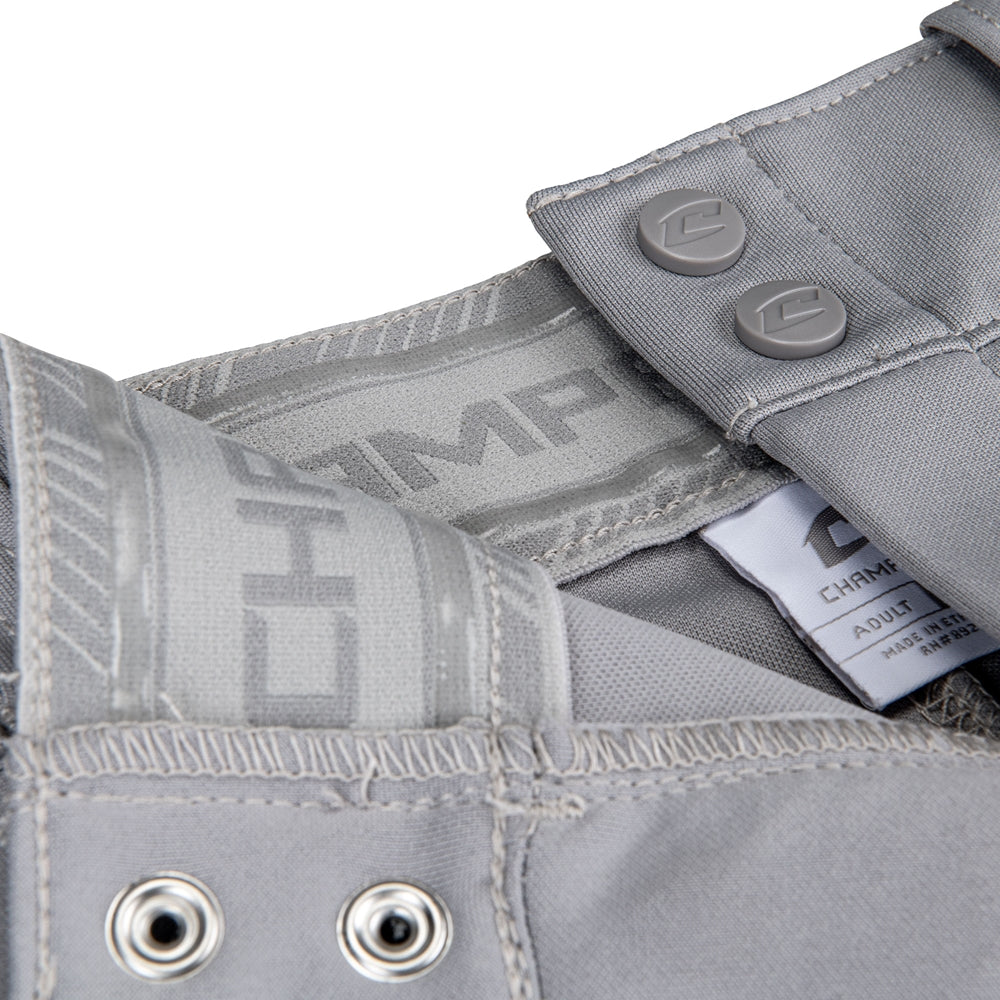 Close-up of gray Champro Sports athletic shorts with metal eyelets, snap-button adjustable waistband, visible stitching, and branded labels—styled after Champro Adult Triple Crown 2.0 Knicker Baseball Pants (BP68).